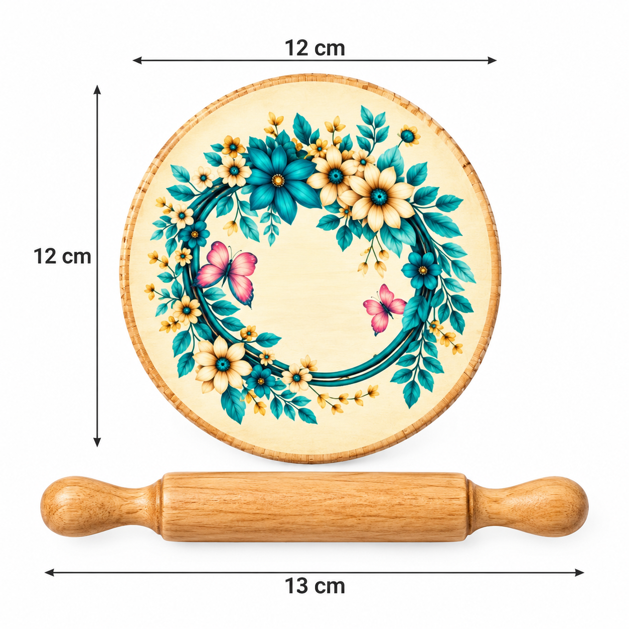 Wooden chakla belan set with colorful floral design for roti and chapati making