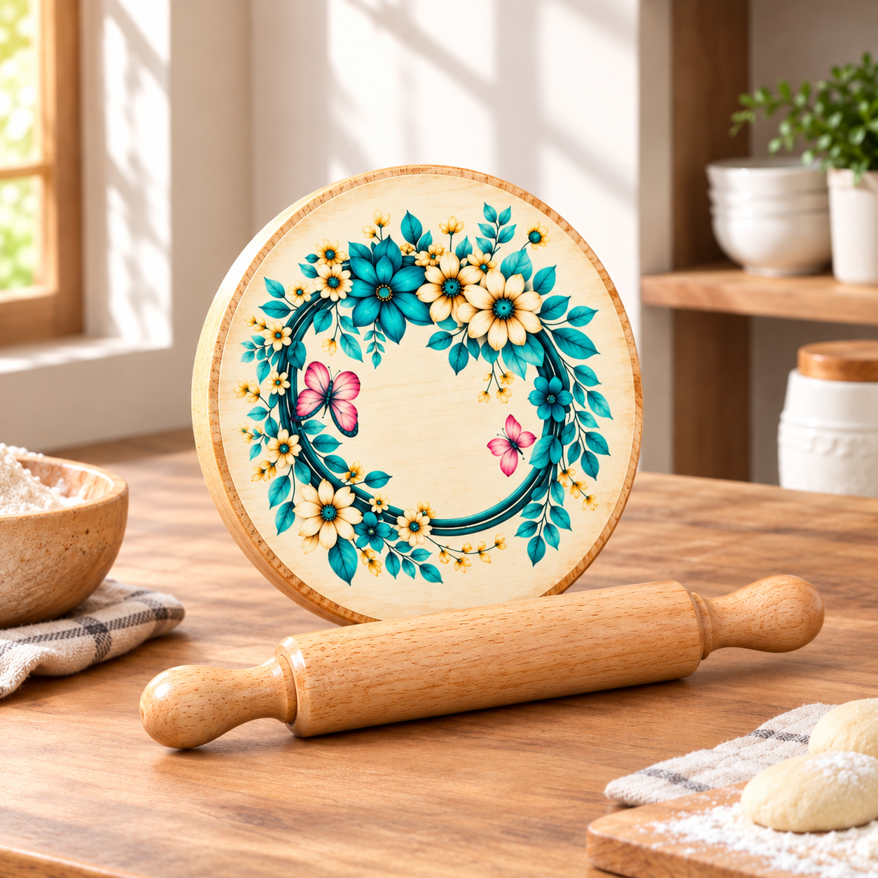 Decorative wooden chakla belan set with floral design in a traditional kitchen setting