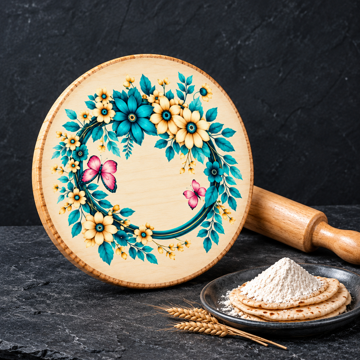 Floral wooden chakla and belan set with roti and flour on dark kitchen background