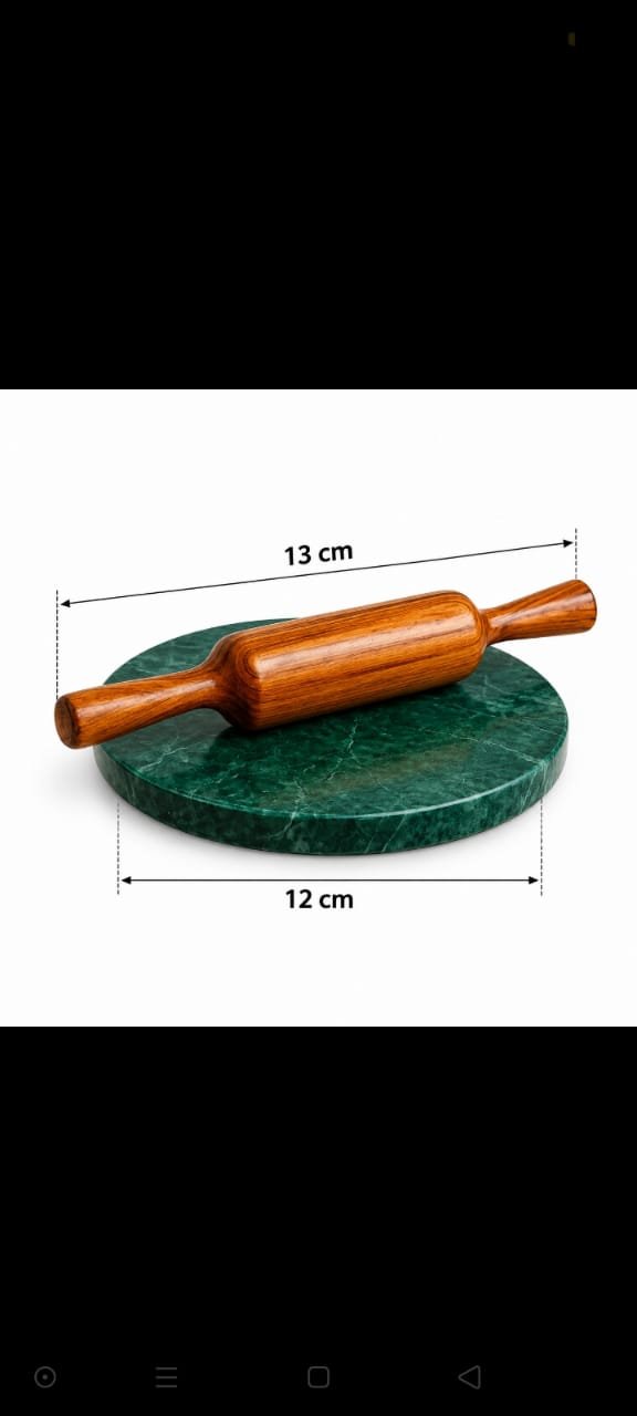 Shinsco wooden belan with green marble chakla showing 12 cm and 13 cm dimensions