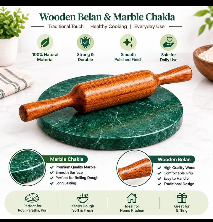 Shinsco wooden belan and green marble chakla infographic showing features and benefits