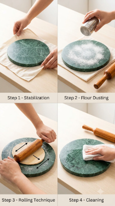 Shinsco green marble chakla step by step guide for flour dusting rolling and cleaning