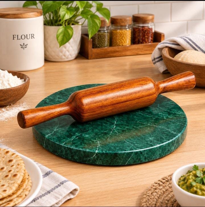 Shinsco wooden belan and green marble chakla in a kitchen setting