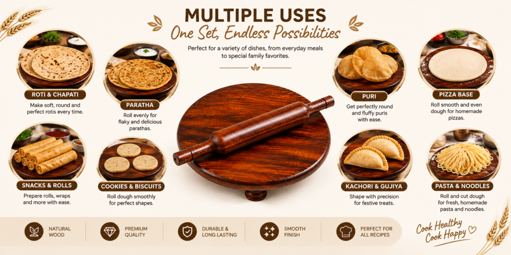 Multiple Uses of Wooden Chakla Belan for Roti Paratha Puri and Snacks