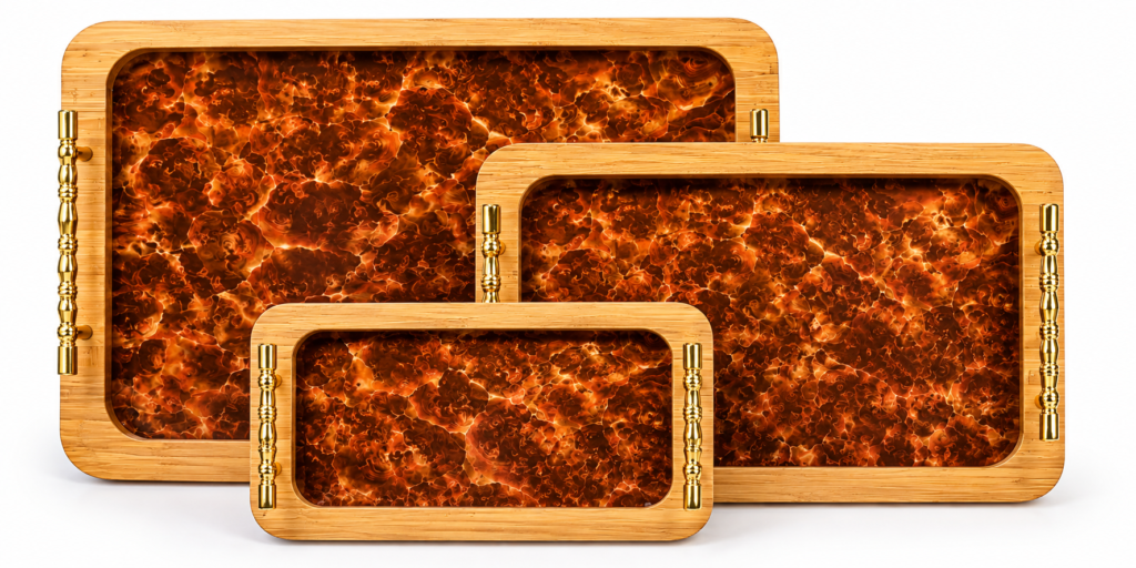 3 piece wooden serving tray set with decorative handles on white background