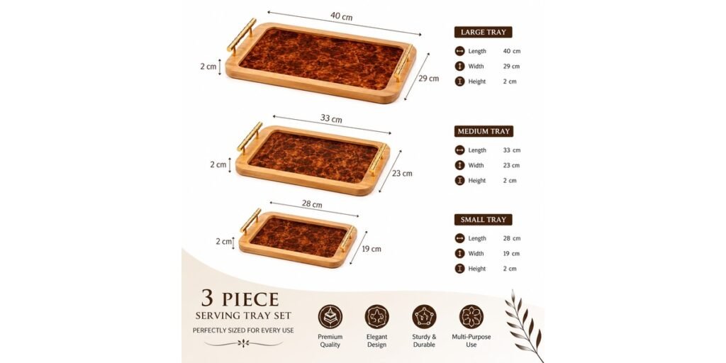 3 piece wooden serving tray set dimensions 40 cm 33 cm and 28 cm
