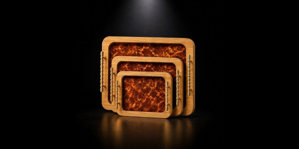 Premium wooden 3 piece serving tray set with decorative handles