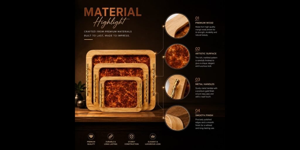 Premium wooden serving tray set material highlight with artistic surface and metal handles