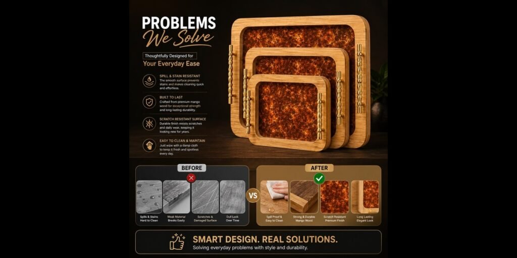 Wooden 3 piece serving tray set with premium finish and durable design