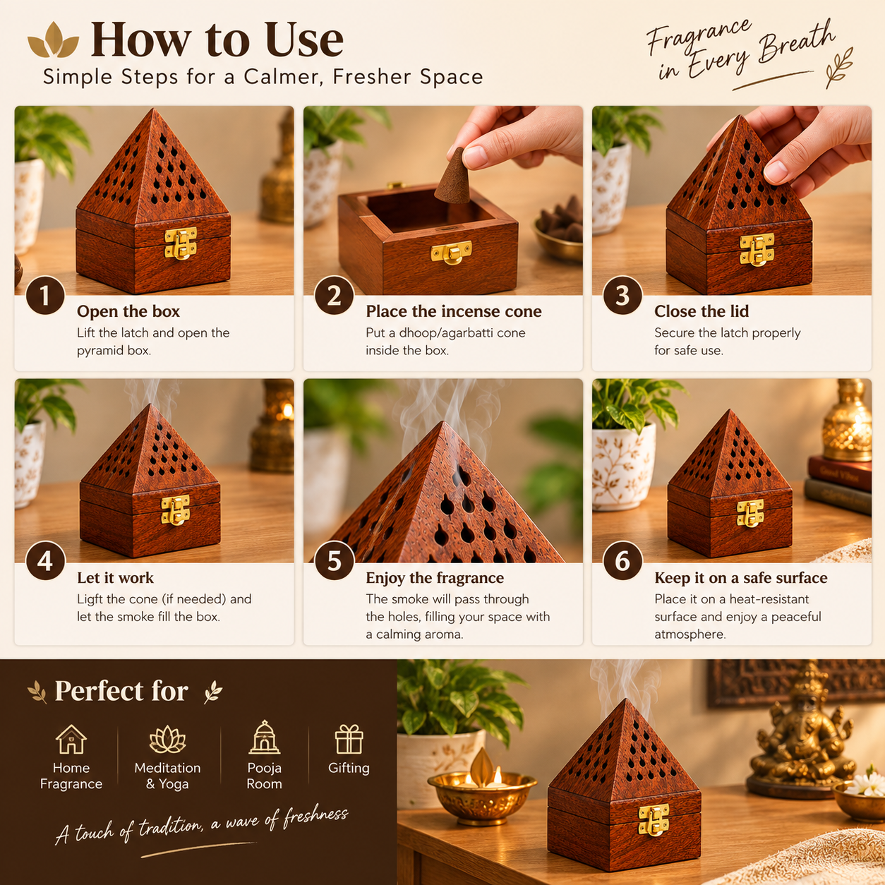 Shinasco wooden pyramid incense holder box how to use guide