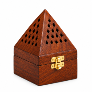 Shinasco wooden pyramid incense holder box with perforated lid and brass latch