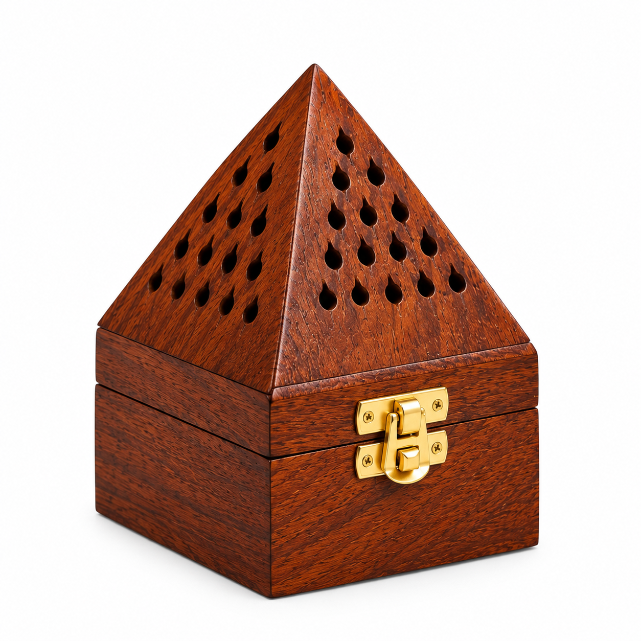 Shinasco wooden pyramid incense holder box with perforated lid and brass latch