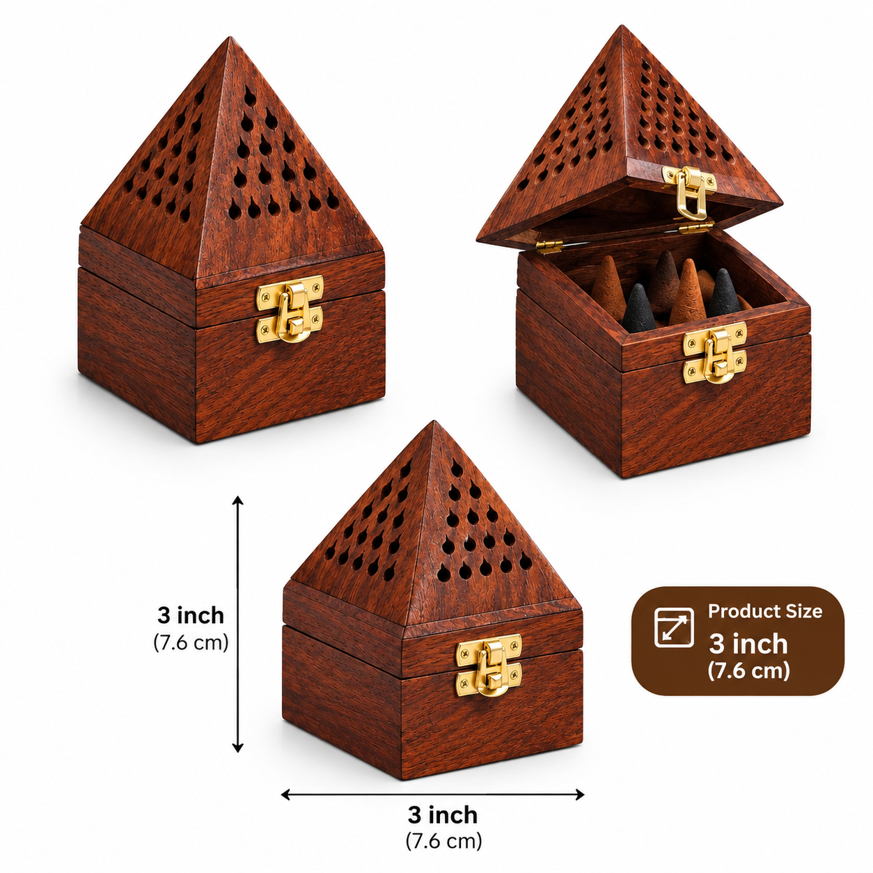 Shinasco wooden pyramid incense holder box with open and closed views and 3 inch size