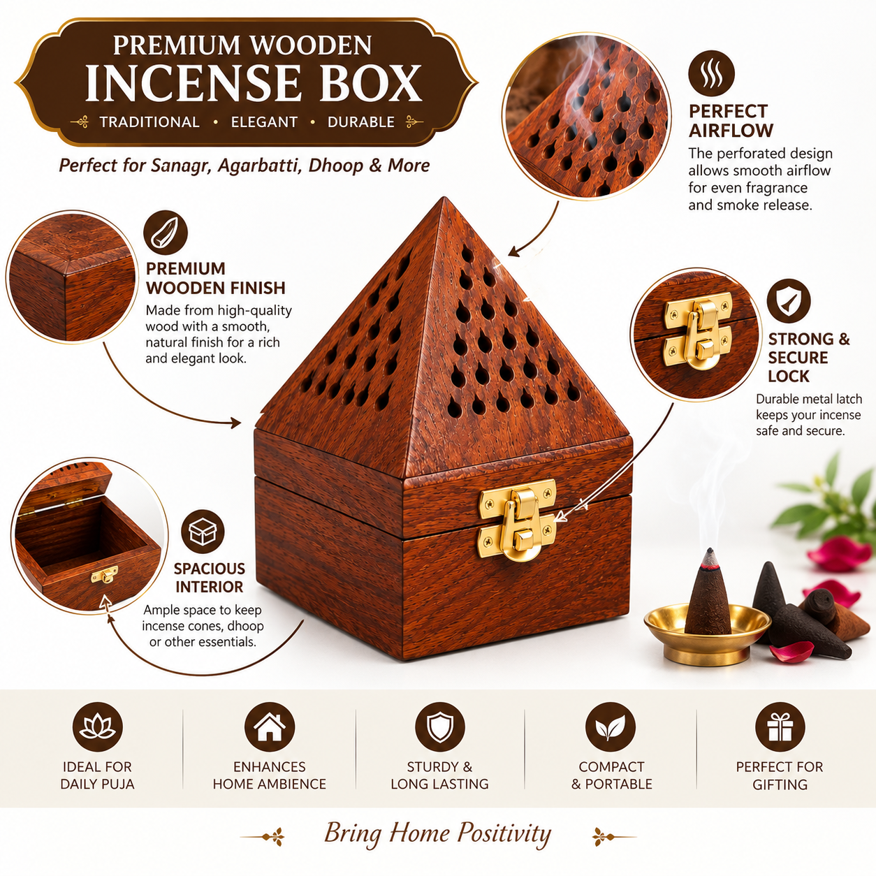 Premium Wooden Incense Box for Agarbatti, Dhoop and Sambrani with Ventilated Design