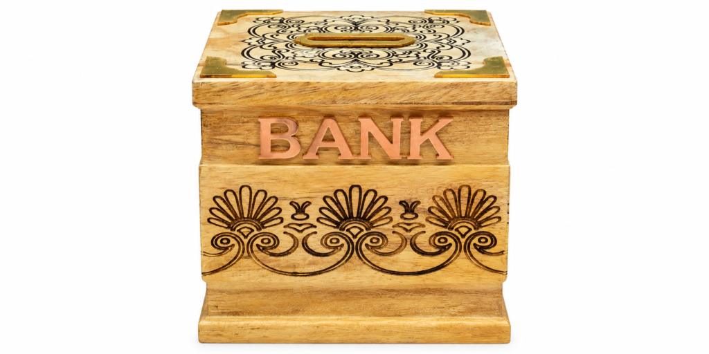 Handcrafted wooden BANK money saving box with decorative carved design and brass accents