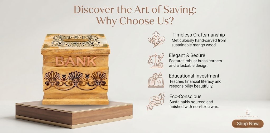 Why choose a handcrafted wooden BANK money saving box with sustainable wood and decorative brass details