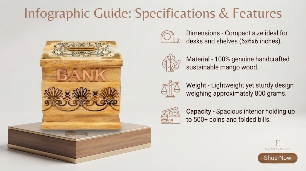 Wooden BANK money saving box infographic showing dimensions, material, weight and storage capacity
