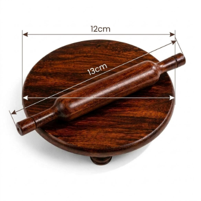 Traditional wooden roti rolling board with 12cm board and 13cm rolling pin dimensions