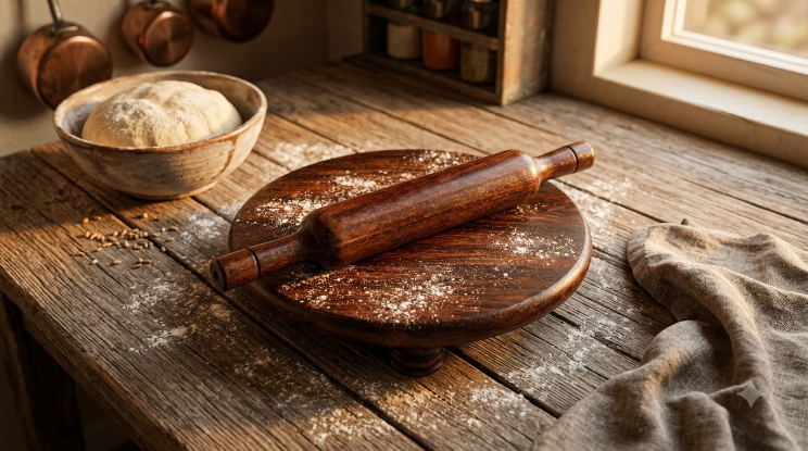 Shinasco wooden roti rolling board and pin used for homemade dough preparation