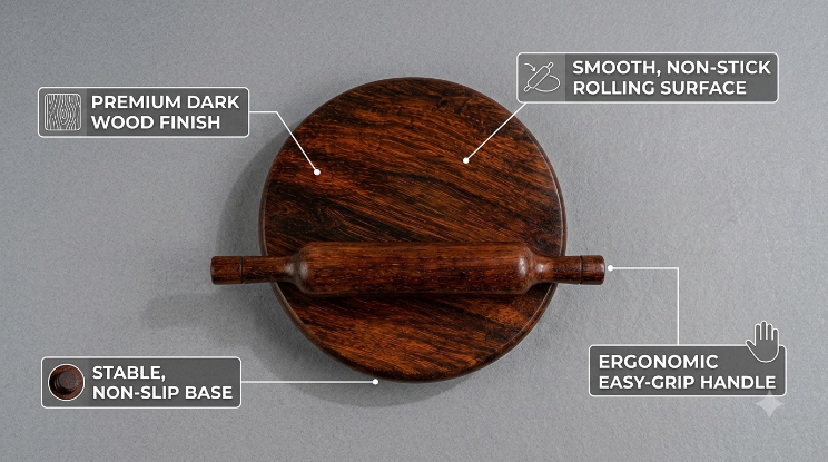 Wooden Chakla Belan with Smooth Rolling Surface and Easy Grip Handles