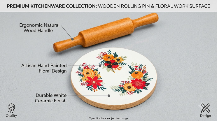 Shinasco wooden chakla belan set with natural wood handle floral design and ceramic finish