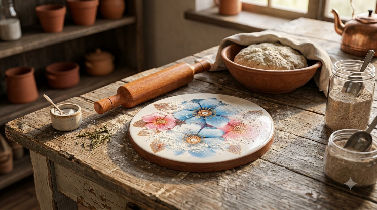 Shinasco Floral Wooden Chakla Belan Set for Roti and Paratha Making