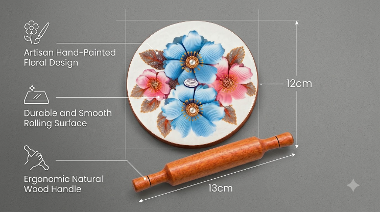 Shinasco Floral Wooden Chakla Belan Set with 12cm Chakla and 13cm Rolling Pin