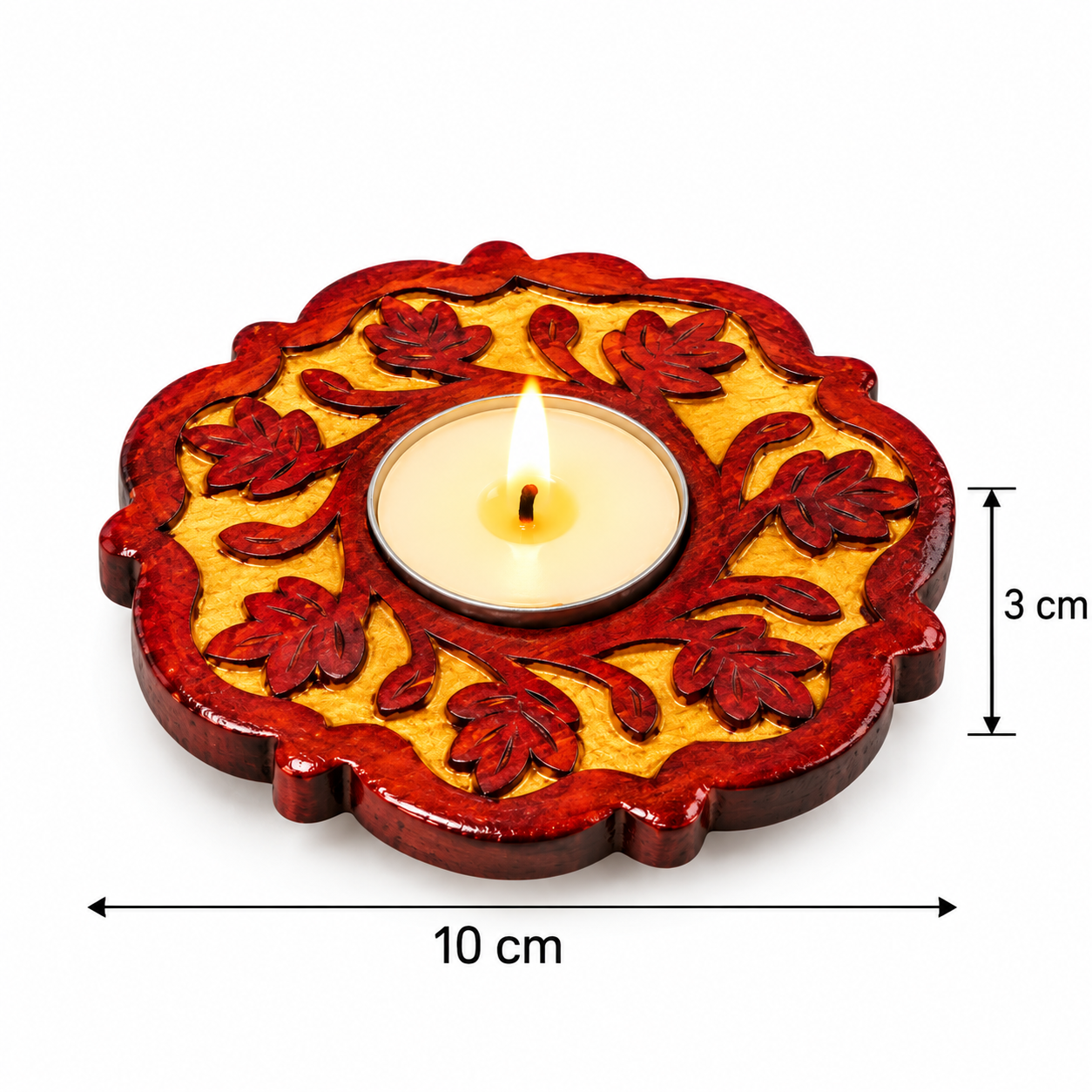 Shinasco wooden red and gold floral decorative tealight candle holder with 10 cm dimension and 3 cm height
