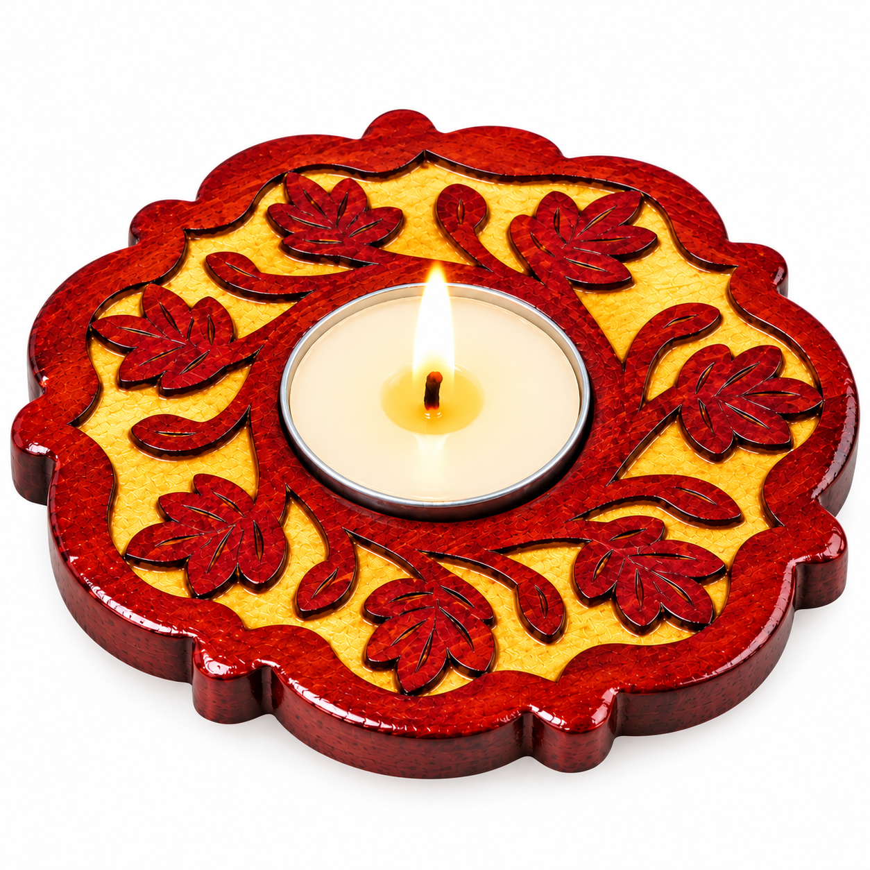 Shinasco Wooden Decorative Tealight Candle Holder Red Gold Floral Diya Holder