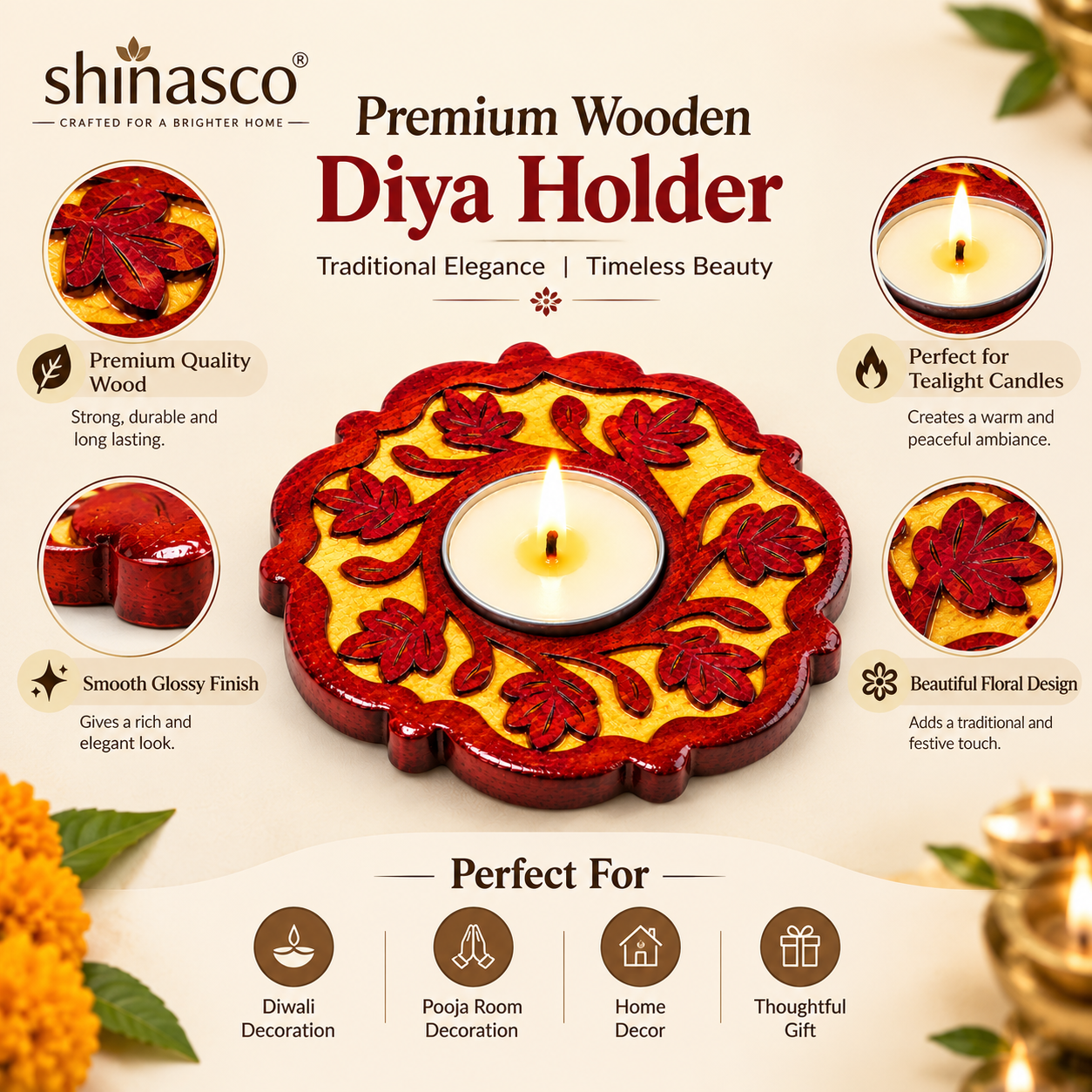 Shinasco premium wooden diya holder with red and gold floral design for pooja and home decor
