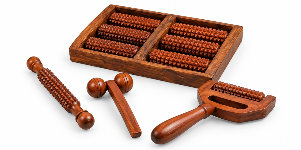 Wooden acupressure massage roller set with multiple textured wooden massage tools
