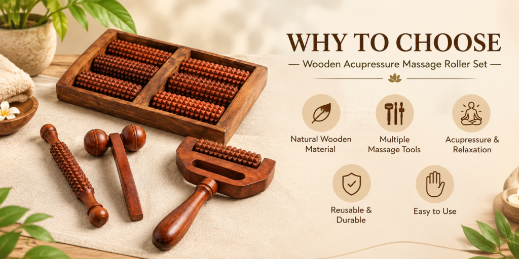 Wooden acupressure massage roller set showing natural wood material and reusable massage tools