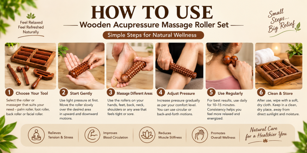How to use wooden acupressure massage roller set for hands, feet, legs, back and neck