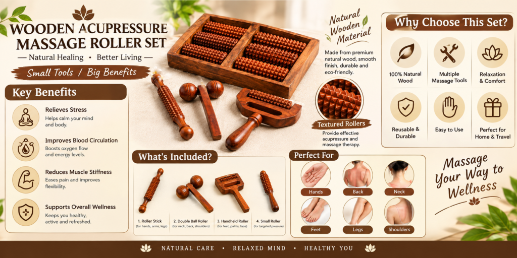 Wooden acupressure massage roller set infographic showing benefits, included tools and massage areas