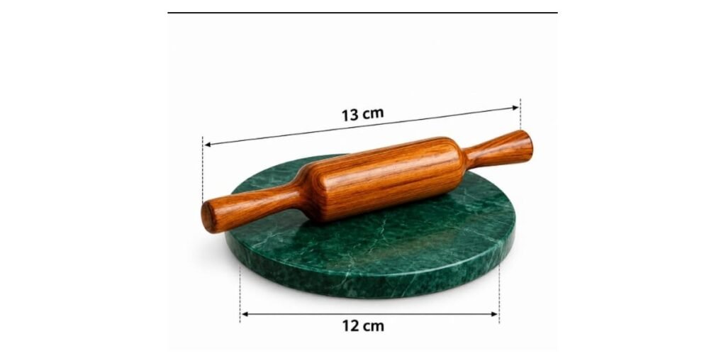 Green marble chakla and wooden belan set with 13 cm belan and 12 cm chakla