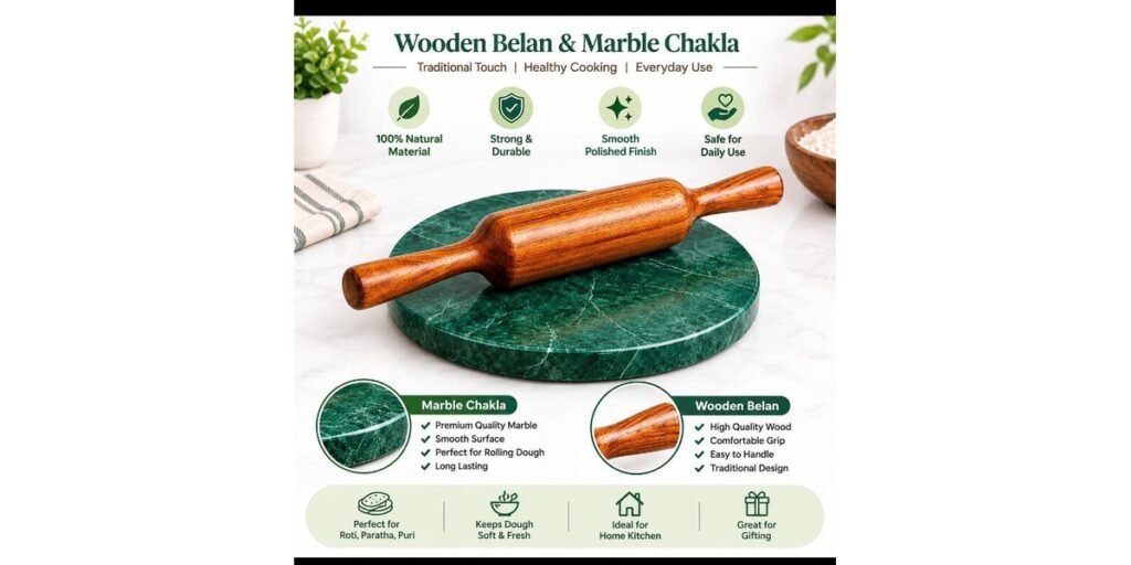 Wooden belan and green marble chakla kitchen set for roti paratha making