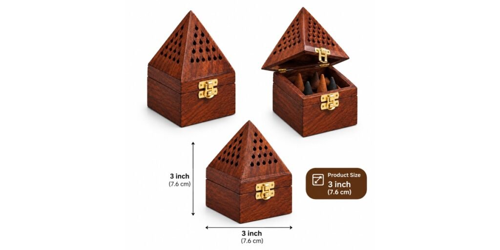 Wooden incense box with open and closed views and product dimensions