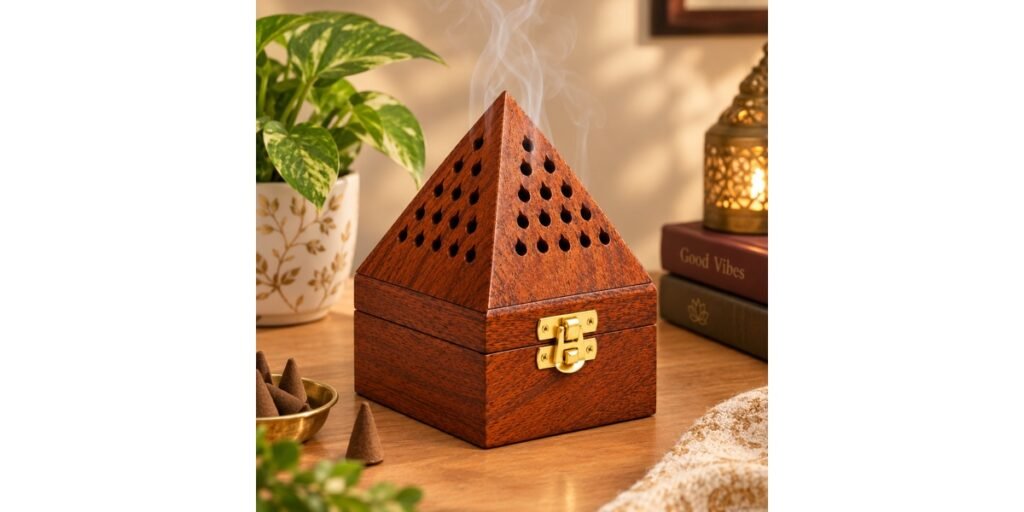 Wooden incense holder used with incense cones in a peaceful home setting