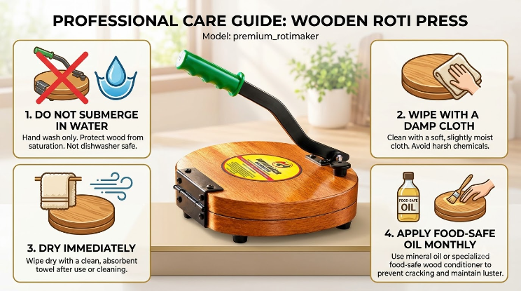 Wooden Manual Roti Maker Care Guide with Cleaning and Maintenance Instructions