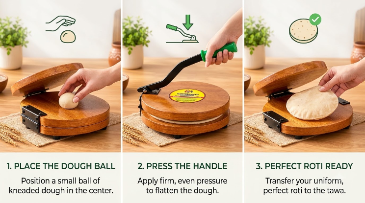 Wooden Manual Roti Maker Chapati Press 3 Step Guide for Easy Roti Making