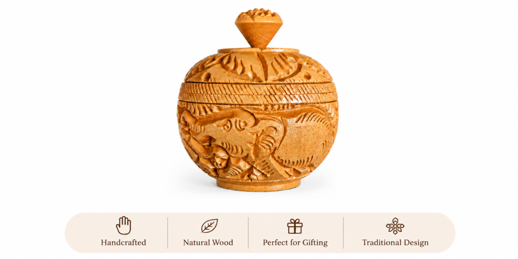 Handcrafted wooden spice box with natural wood finish