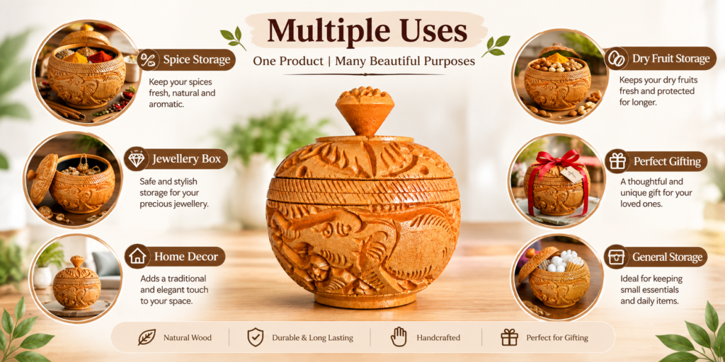 Multiple uses of wooden spice box for spices dry fruits jewellery and storage