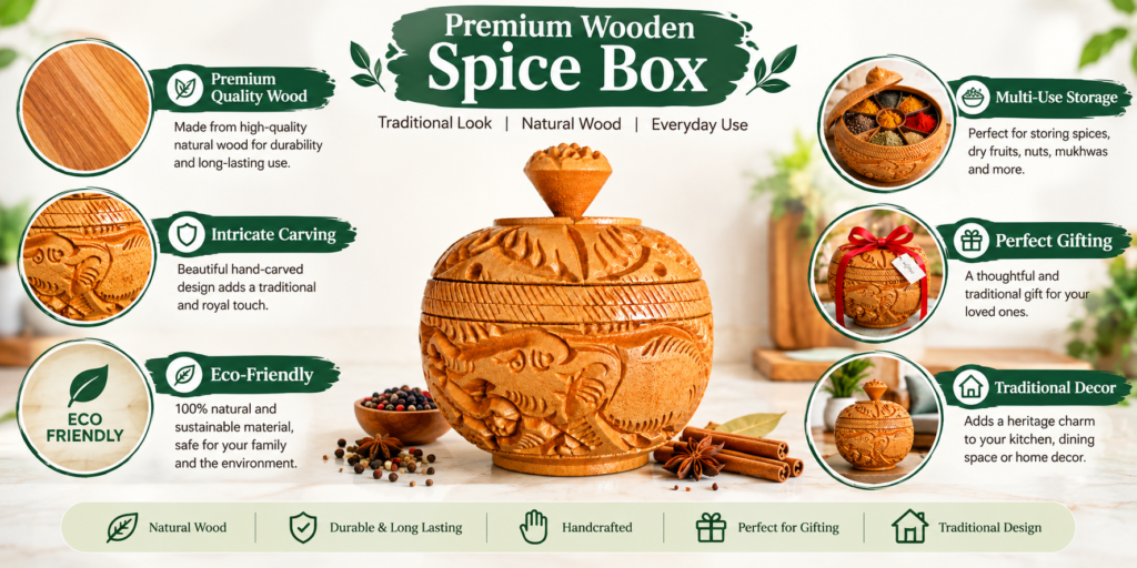 Premium wooden spice box with natural wood handcrafted design and multiple uses