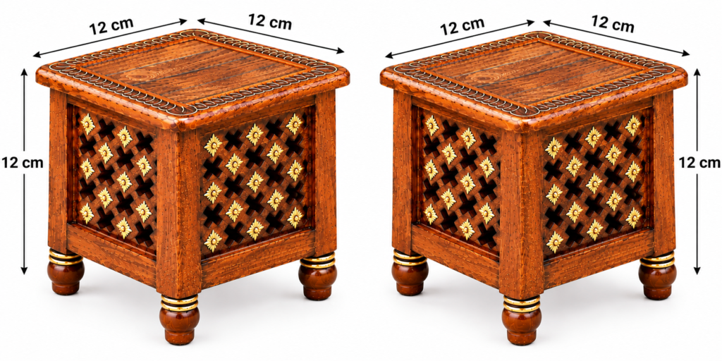 Shinasco wooden stool for home with 12 cm dimensions and decorative jali carving design
