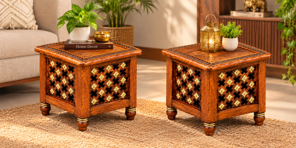 Shinasco wooden stool for home in living room with carved jali design and decorative floral detailing