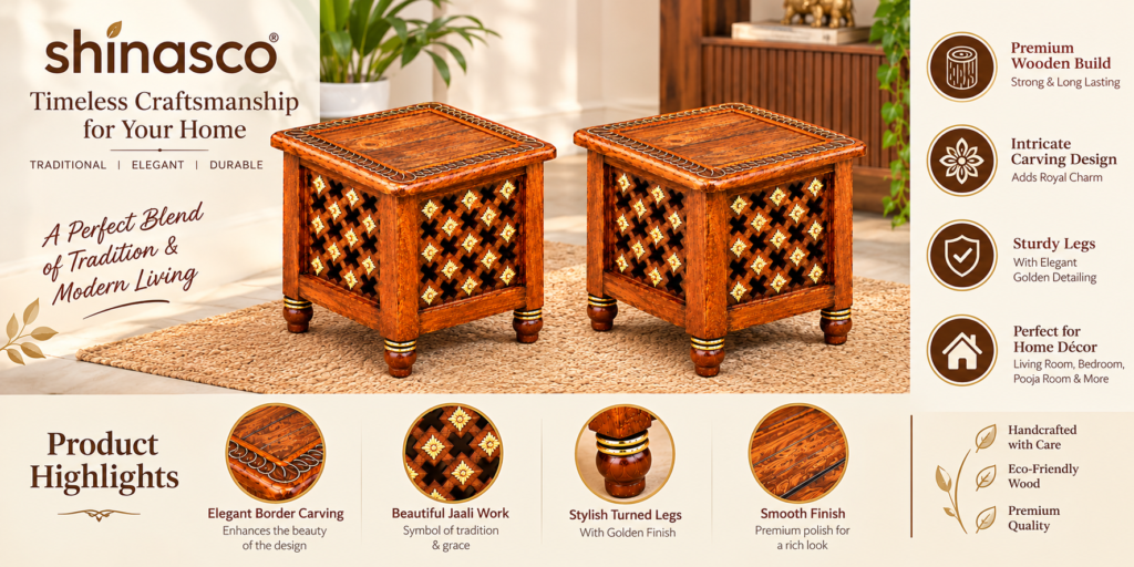 Shinasco wooden stool for home with premium wooden build, jali carving, turned legs and elegant decorative design