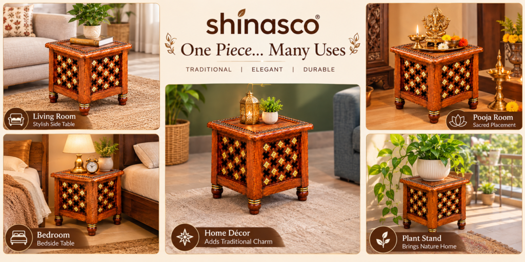 Shinasco wooden stool for home with multiple uses as living room side table, bedroom bedside table, pooja stand and plant stand