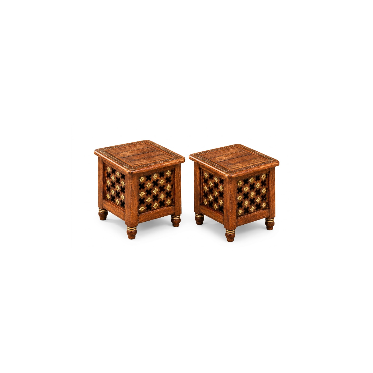 Shinasco wooden stool set of 2 with decorative handcrafted square design