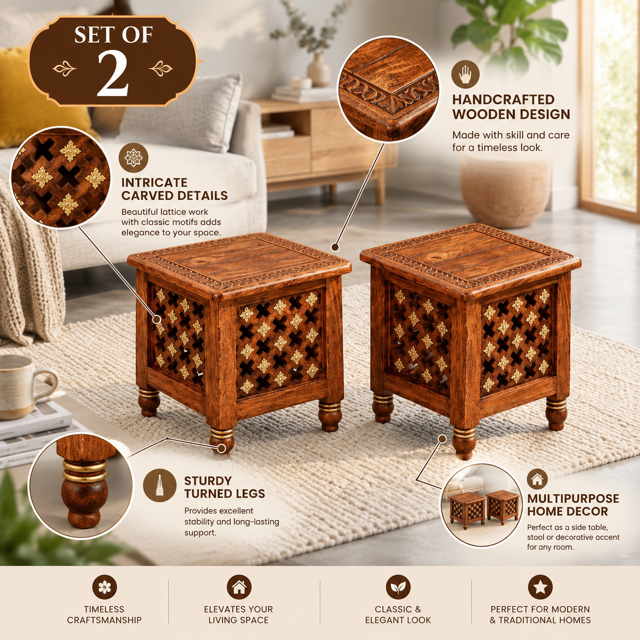 Shinasco wooden stool set of 2 with handcrafted carved details and sturdy turned legs