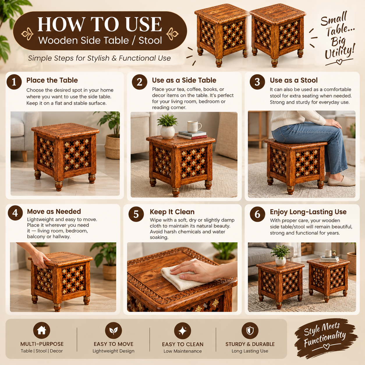Handcrafted wooden side table stool set with carved lattice design and multipurpose home decor use